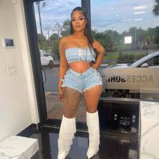 Sexy Wrap Bust Hot Drill Denim Shorts Set TK-6316