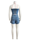 Single Breasted Wrap Top Denim Shorts Set CH-88010