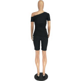 Slash Shoulder Short Sleeve Casual Short Set FOSF-8389