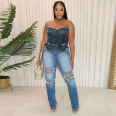 Washed Zipper Wrap Chest Tie Denim Top WAF-77648