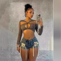 Fashion Slim Bandage Denim Shorts TK-6313