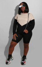 Color Block Long Sleeve Two Piece Shorts Set SMD-24016