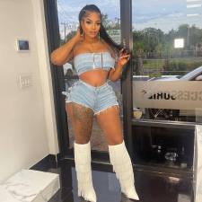 Sexy Wrap Bust Hot Drill Denim Shorts Set TK-6316
