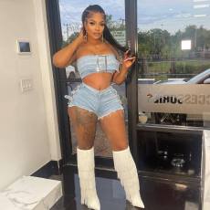 Sexy Wrap Bust Hot Drill Denim Shorts Set TK-6316