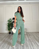 Solid Color Short Sleeve Loose Two Piece Pants Set SSNF-211408