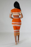 Knit Stripe Color Block Short Sleeve Midi Dress OSM-4454