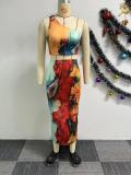 Sexy Slash Shoulder Print Long Skirts Two Piece Set NY-10758