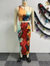 Sexy Slash Shoulder Print Long Skirts Two Piece Set NY-10758
