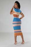 Knit Stripe Color Block Short Sleeve Midi Dress OSM-4454