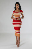 Knit Stripe Color Block Short Sleeve Midi Dress OSM-4454