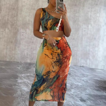 Sexy Slash Shoulder Print Long Skirts Two Piece Set NY-10758