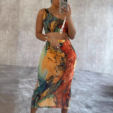 Sexy Slash Shoulder Print Long Skirts Two Piece Set NY-10758