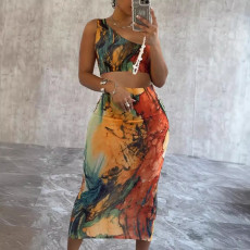 Sexy Slash Shoulder Print Long Skirts Two Piece Set NY-10758