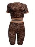 Mesh Print Short Sleeve Two Piece Short Set ORY-5241-1