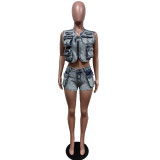 Fashion Sleeveless Vest Shorts Denim 2 Piece Set MEM-88553