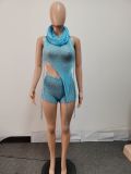 Sexy Hollow Out Sequin Backless Two Piece Shorts Set QXTF-8187