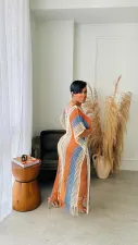 Striped Tassel Knit Beach Maxi Dress TR-1302