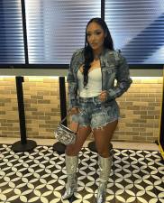Embroidered Cross Denim Shorts Two Piece Set MEM-88552