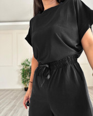 Solid Color Short Sleeve Loose Two Piece Pants Set SSNF-211408