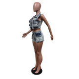 Fashion Sleeveless Vest Shorts Denim 2 Piece Set MEM-88553
