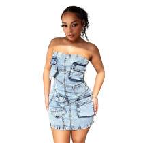 Sexy Off Shoulder Tube Tops Denim Mini Dress MEM-88557