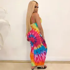 Sexy Tie Dye Print Sling Maxi Dress TE-4669
