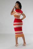 Knit Stripe Color Block Short Sleeve Midi Dress OSM-4454