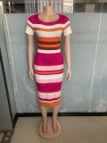 Knit Stripe Color Block Short Sleeve Midi Dress OSM-4454