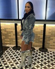 Embroidered Cross Denim Shorts Two Piece Set MEM-88552