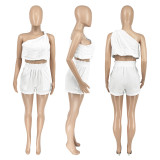 Solid Color Slash Shoulder Sleeveless Two-Piece Set DDF-88229
