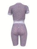 Mesh Print Short Sleeve Two Piece Short Set ORY-5241-1