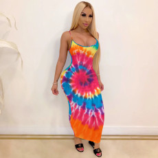 Sexy Tie Dye Print Sling Maxi Dress TE-4669