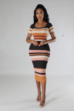 Knit Stripe Color Block Short Sleeve Midi Dress OSM-4454
