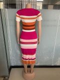 Knit Stripe Color Block Short Sleeve Midi Dress OSM-4454
