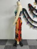 Sexy Slash Shoulder Print Long Skirts Two Piece Set NY-10758