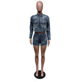 Embroidered Cross Denim Shorts Two Piece Set MEM-88552