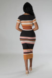 Knit Stripe Color Block Short Sleeve Midi Dress OSM-4454