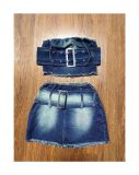 Sexy Wrap Chest Belt Tops Skirts Denim Two Piece Set  MEM-88566