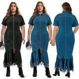 Plus Size Zipper Short Sleeve Denim Long Dress GDAM-218353