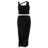 Plus Size Sleeveless Tank And Irregular Tassel Skirt Set GDAM-218388
