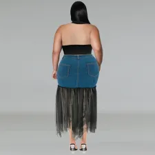 Plus Size Denim Patchwork Mesh Long Skirts GDAM-218393