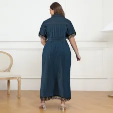 Plus Size Shorts Sleeve Tassel Denim Long Dress GDAM-218383