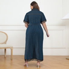 Plus Size Shorts Sleeve Tassel Denim Long Dress GDAM-218383
