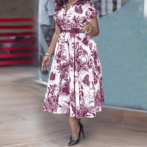 Plus Size Short Sleeve Belt Print Long Dress GDAM-003
