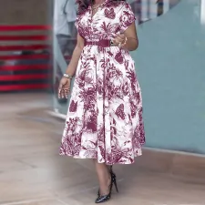 Plus Size Short Sleeve Belt Print Long Dress GDAM-003