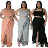 Plus Size Sleeveless Tank And Irregular Tassel Skirt Set GDAM-218388