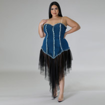 Plus Size Sling Denim Patchwork Mesh Midi Dress GDAM-218376
