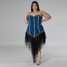 Plus Size Sling Denim Patchwork Mesh Midi Dress GDAM-218376