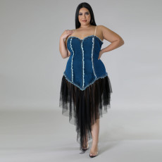 Plus Size Sling Denim Patchwork Mesh Midi Dress GDAM-218376