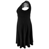 Plus Size Lace Patchwork O Neck Tassel Midi Dress GDAM-218371
